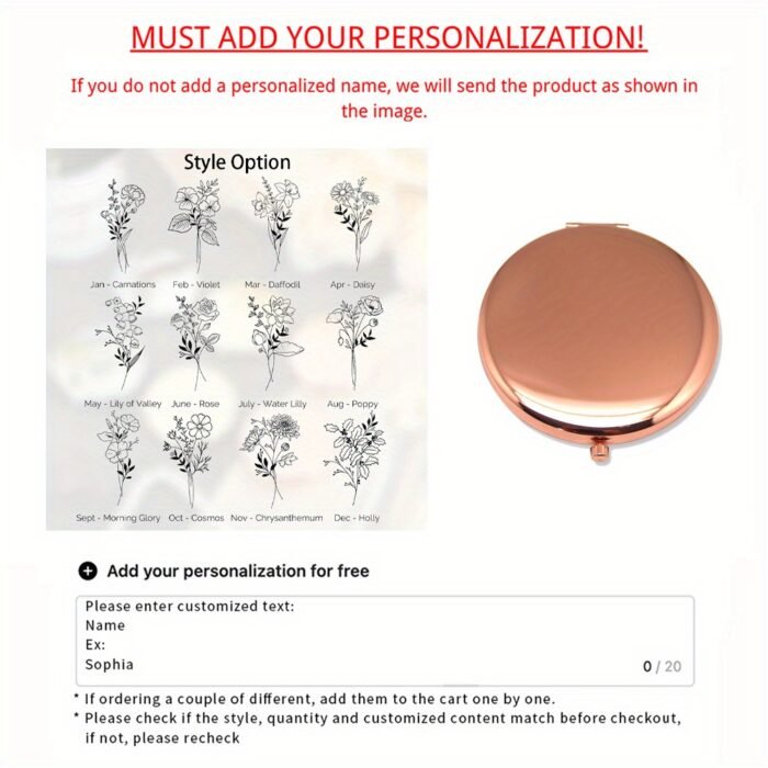 1pc Personalized Engraved Stainless Steel Compact Mirror with Birth Flower Design - Custom Name Gift for Women, Bridesmaid Proposal Wedding Birthday Christmas Present, Elegant Portable Pocket Mirror for Her, Personalized Gift | Elegant Pocket Mirror | Engraved Accessory - Image 6
