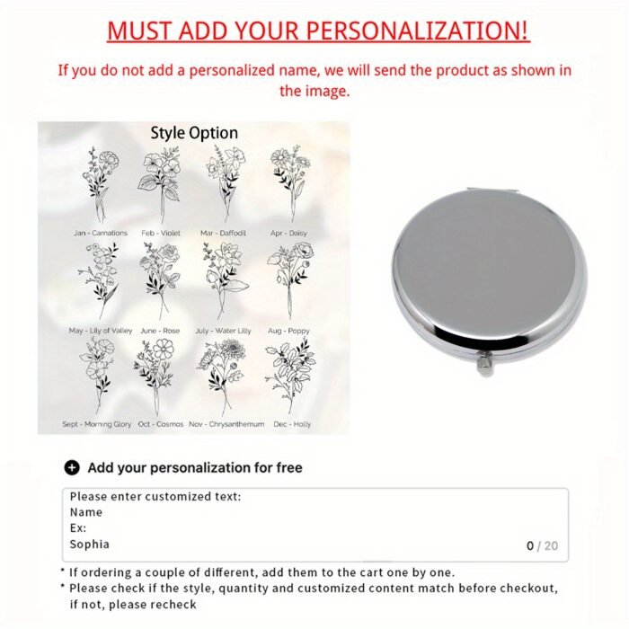 1pc Personalized Engraved Stainless Steel Compact Mirror with Birth Flower Design - Custom Name Gift for Women, Bridesmaid Proposal Wedding Birthday Christmas Present, Elegant Portable Pocket Mirror for Her, Personalized Gift | Elegant Pocket Mirror | Engraved Accessory - Image 8