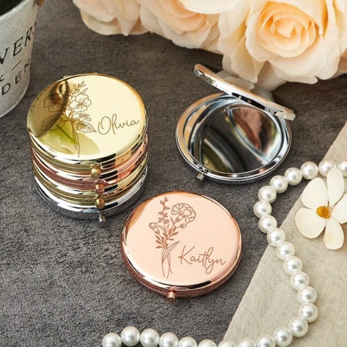 1pc Personalized Engraved Stainless Steel Compact Mirror with Birth Flower Design - Custom Name Gift for Women, Bridesmaid Proposal Wedding Birthday Christmas Present, Elegant Portable Pocket Mirror for Her, Personalized Gift | Elegant Pocket Mirror | Engraved Accessory - Image 4