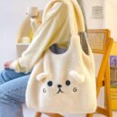 Soft Plush Cozy Tote Bag for Women - Magnetic Closure, Cute Cartoon Embroidery, Perfect for School & Shopping - Available in Deep Brown/White
