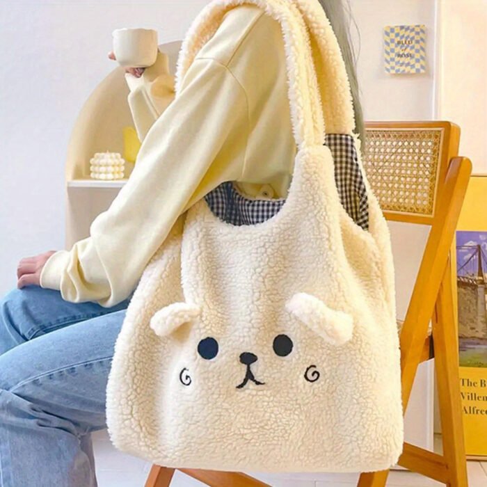 Soft Plush Cozy Tote Bag for Women - Magnetic Closure, Cute Cartoon Embroidery, Perfect for School & Shopping - Available in Deep Brown/White - Image 7
