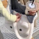 Soft Plush Cozy Tote Bag for Women - Magnetic Closure, Cute Cartoon Embroidery, Perfect for School & Shopping - Available in Deep Brown/White