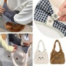 Soft Plush Cozy Tote Bag for Women - Magnetic Closure, Cute Cartoon Embroidery, Perfect for School & Shopping - Available in Deep Brown/White