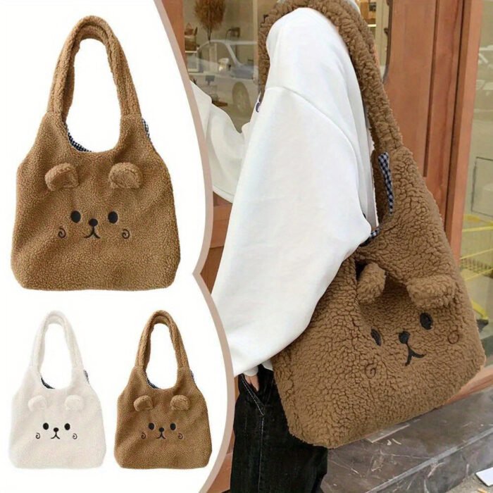 Soft Plush Cozy Tote Bag for Women - Magnetic Closure, Cute Cartoon Embroidery, Perfect for School & Shopping - Available in Deep Brown/White