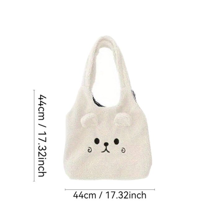 Soft Plush Cozy Tote Bag for Women - Magnetic Closure, Cute Cartoon Embroidery, Perfect for School & Shopping - Available in Deep Brown/White - Image 2