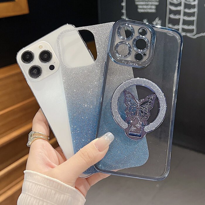 [Glitter Case] Wireless Charging Magnetic Case | Fashion Girl Glitter Transparent For IPhone 16 15 11 12 13 14 Pro Max Plus | Butterfly Holder Stand Cover - Image 16