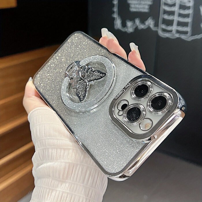 [Glitter Case] Wireless Charging Magnetic Case | Fashion Girl Glitter Transparent For IPhone 16 15 11 12 13 14 Pro Max Plus | Butterfly Holder Stand Cover - Image 10
