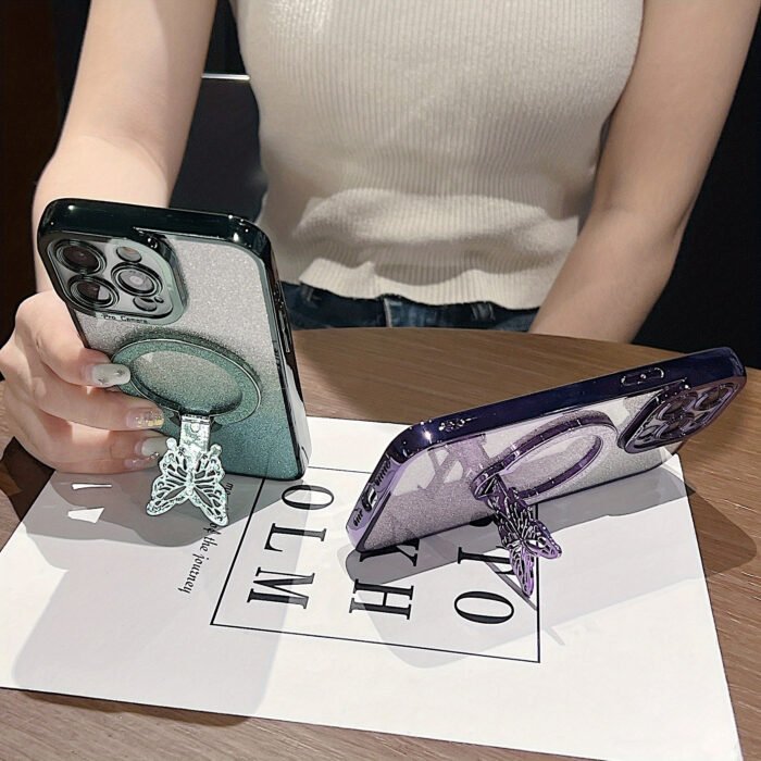 [Glitter Case] Wireless Charging Magnetic Case | Fashion Girl Glitter Transparent For IPhone 16 15 11 12 13 14 Pro Max Plus | Butterfly Holder Stand Cover - Image 4