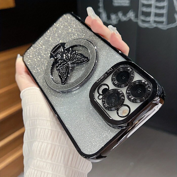 [Glitter Case] Wireless Charging Magnetic Case | Fashion Girl Glitter Transparent For IPhone 16 15 11 12 13 14 Pro Max Plus | Butterfly Holder Stand Cover - Image 8