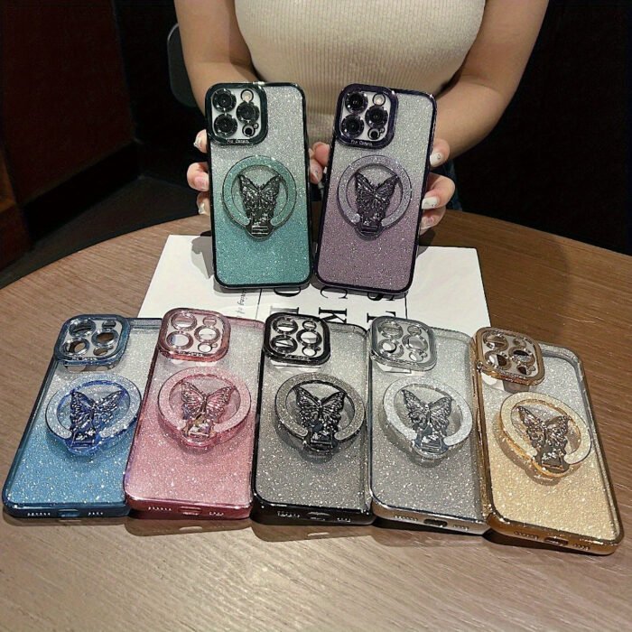 [Glitter Case] Wireless Charging Magnetic Case | Fashion Girl Glitter Transparent For IPhone 16 15 11 12 13 14 Pro Max Plus | Butterfly Holder Stand Cover - Image 5