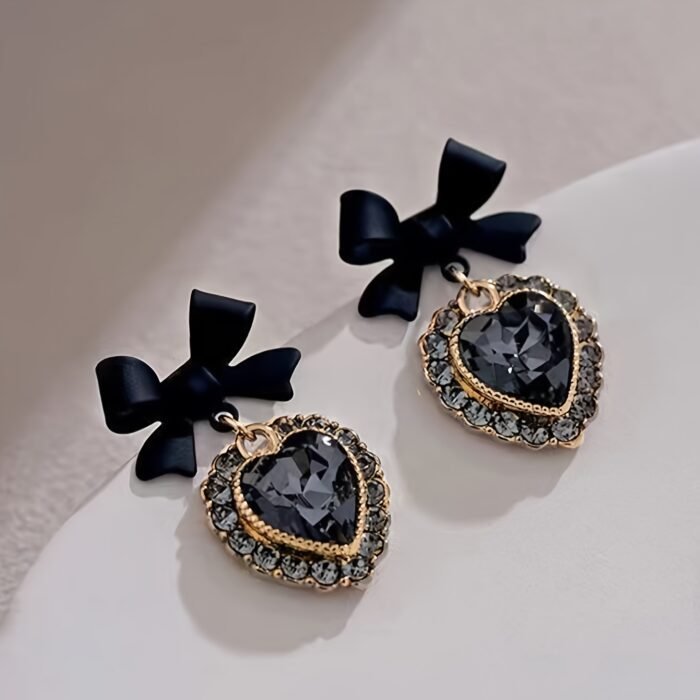 Elegant Black Bow Earrings with Heart Gemstone - Vintage-Inspired Party Jewelry, Ideal for Christmas, Halloween, New Year, Valentine'S Day Gifts for Women, Moms, and Friends, Gift Jewelry|Vintageinspired Earrings|Synthetic Gemstone Earrings - Image 3