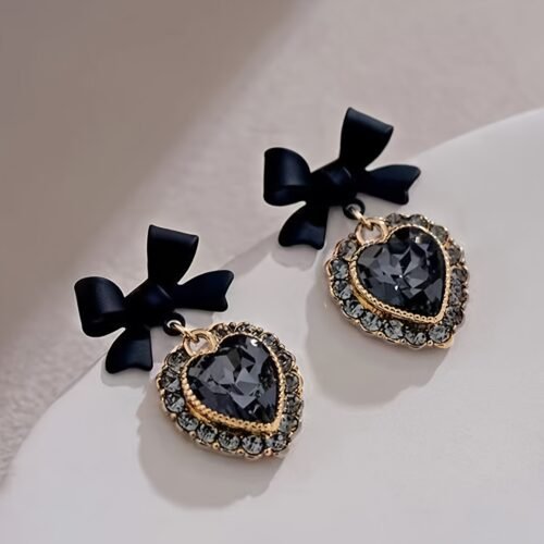 Elegant Black Bow Earrings with Heart Gemstone - Vintage-Inspired Party Jewelry, Ideal for Christmas, Halloween, New Year, Valentine'S Day Gifts for Women, Moms, and Friends, Gift Jewelry|Vintageinspired Earrings|Synthetic Gemstone Earrings