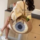 French Hook-Knit Straw Beach Bag - Two-Tone Blue & Beige Circular Woven Design with Double Handles & Zipper Closure, Vintage Bohemian Style for Summer Vacations, Casual Outings, College Commute, Vacation Accessory, Twotone Design, Textured Appearance