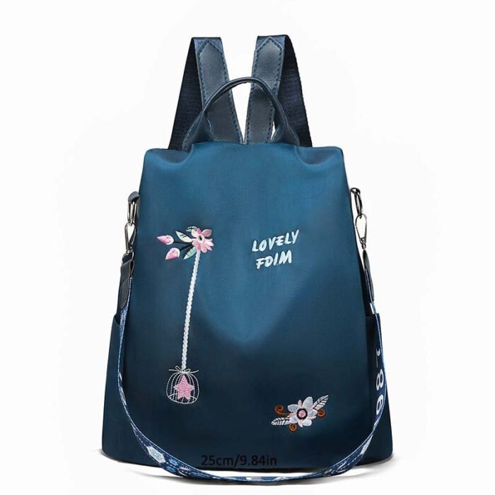 Ethnic-Inspired 3D Floral Embroidery Backpack for Women - Soft Nylon, Casual Style, Utility Pocket, Non, Black, Beige, Blue, Casual Travel Bag|Ethnic Embroidery Bag|Durable Zipper Closure, Backpack - Image 9