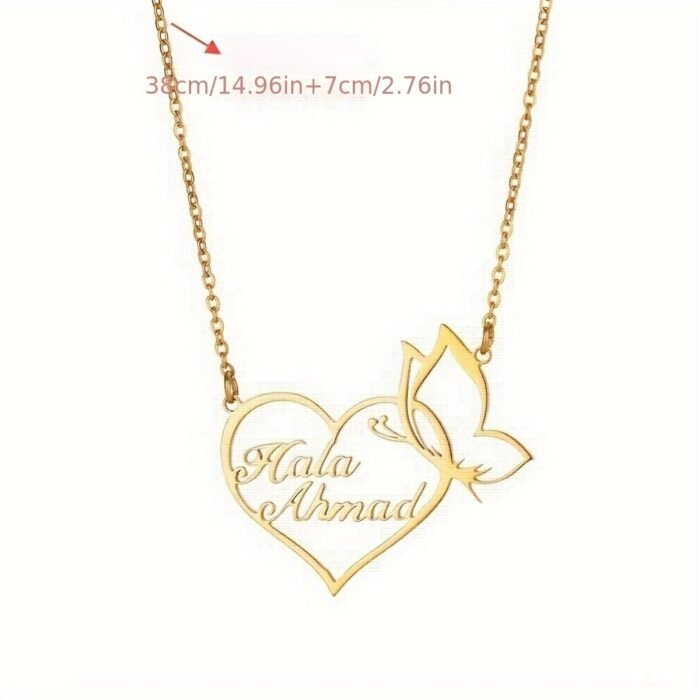 Customized 18K Golden Plated Stainless Steel Heart & Butterfly Necklace, Unisex Vintage Bohemian Style, Perfect for Daily Wear, Work, Dates, Gifts, Valentine's Day, Festivals, Parties - Image 11
