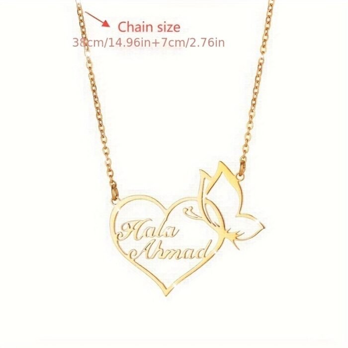 Customized 18K Golden Plated Stainless Steel Heart & Butterfly Necklace, Unisex Vintage Bohemian Style, Perfect for Daily Wear, Work, Dates, Gifts, Valentine's Day, Festivals, Parties - Image 13