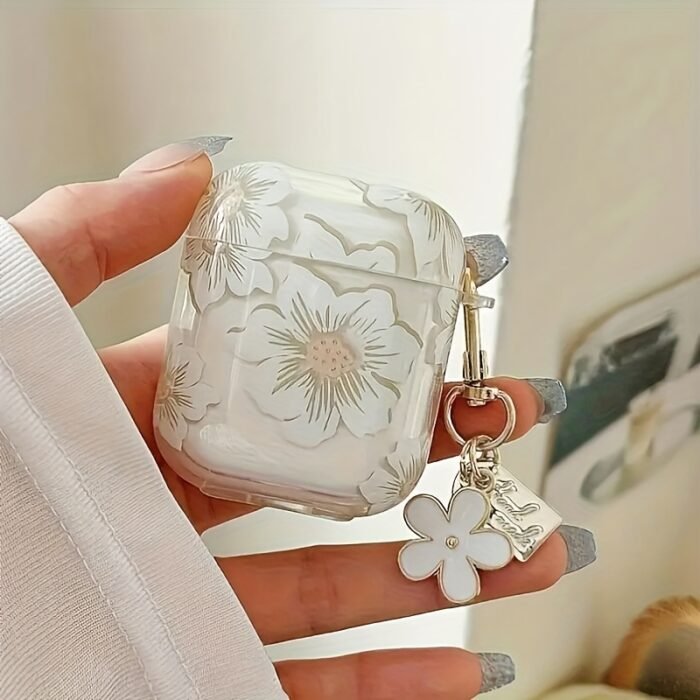 Fashionable White Floral TPU Protective Case - Wireless Earbud Case with Anti-Drop Design, Keychain for Pro 2/1/2/3 Gen, Durable and Cute - Image 3