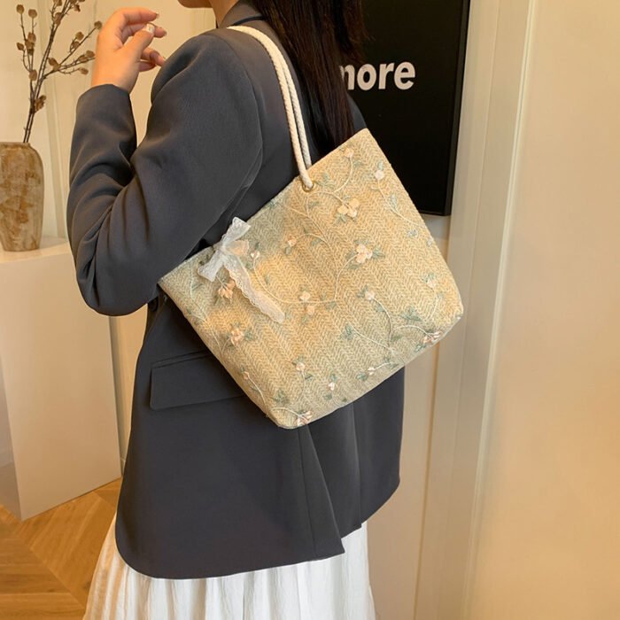 Chic Summer Woven Tote Bag - Korean Style, Beige Fabric with Floral Lace Detailing, Casual Small Crossbody Bucket Bag with White Strap and Polyester Lining, Casual Accessory | Floral Lace Bag | Buckle Closure - Image 2