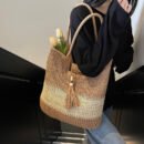 [Everyday Comfort] Large Capacity Woven Straw Tote Bag for Women - Stylish Beach Shoulder Handbag with Tassel Detail, Light Brown & Beige Two-Tone Design, Perfect for Spring and Summer Travel or Casual Outings, Casual Handbag | Chic Straw Tote | Natural Texture, Straw Handbag