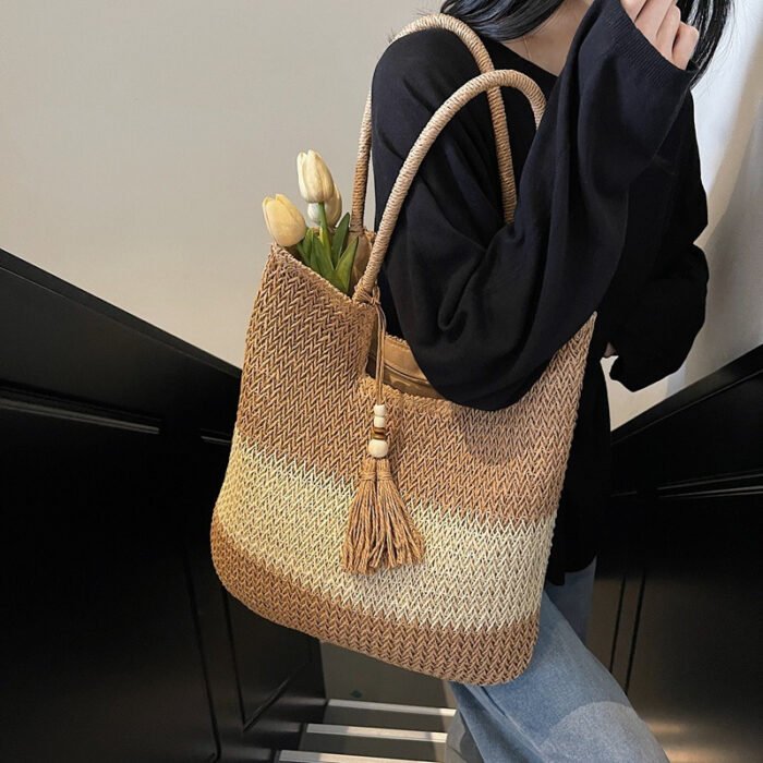 [Everyday Comfort] Large Capacity Woven Straw Tote Bag for Women - Stylish Beach Shoulder Handbag with Tassel Detail, Light Brown & Beige Two-Tone Design, Perfect for Spring and Summer Travel or Casual Outings, Casual Handbag | Chic Straw Tote | Natural Texture, Straw Handbag - Image 6