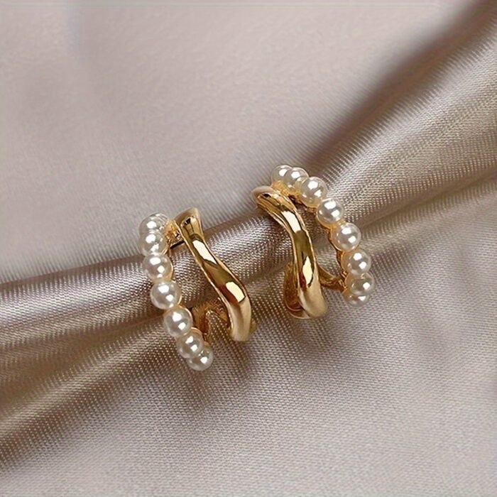 1 Pair Elegant Double Layer C-Shaped Faux Imitation Pearl Earrings for Women – Golden-Tone Zinc Alloy with White Imitation Pearl, Perfect for Casual Attire or Parties