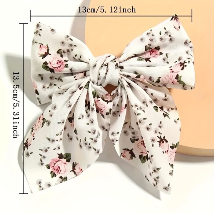 [1pc Elegant Bow Tie] Elegant Floral Print 1pc Bow Tie Hair Clip | Bohemian Style, Perfect for Daily Wear & Valentine's Day | White with Pink and Green Floral Patterns, Cute Hair Accessory for Girl - Image 5