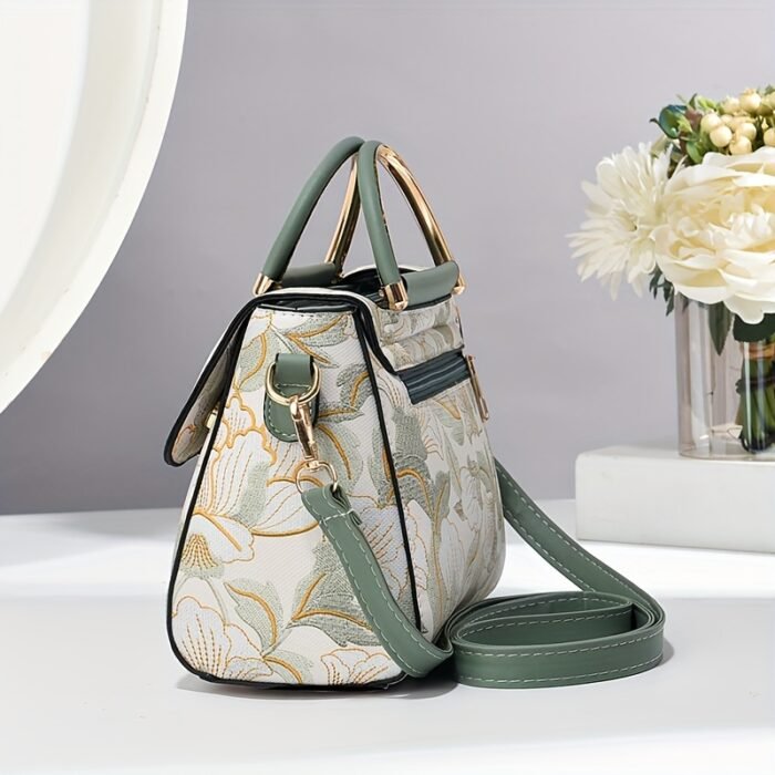 Elegant Floral Print Women's Handbag - Stylish Crossbody Bag with Golden-Tone Hardware, White Base & Black/Beige Floral Pattern, Lightweight & Spacious for Everyday Use - Image 6