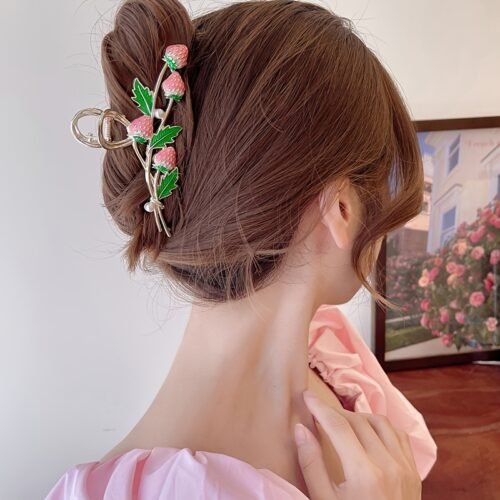 [1pc Strawberry Hair Claw] 1pc Trendy Strawberry Metal Hair Claw, Girl's Ponytail Large Hair Clip Accessories Headwear