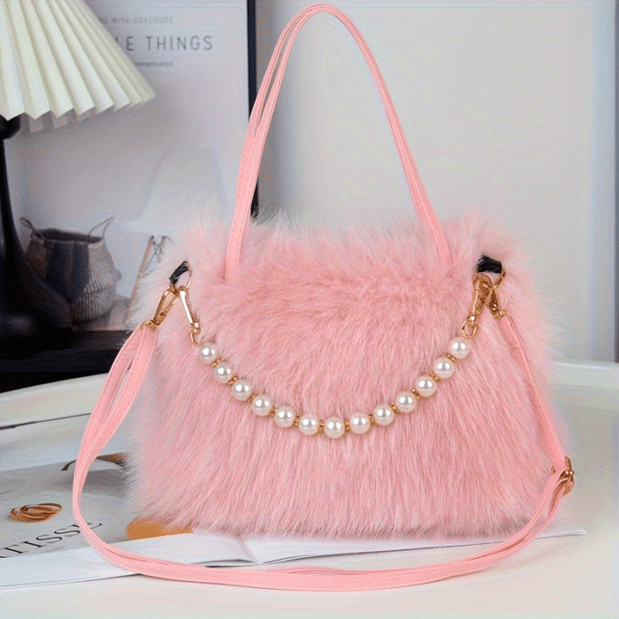 Women's Faux Fur & Embellished Crossbody Bag with Detachable Strap - Magnetic Closure Compact Casual Chic Handbag in Bright Pink, Khaki, Coffee, White, Black, Fashion Accessory, Evening Accessory, Embellishment, Soft Texture - Image 18