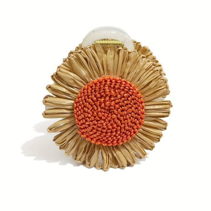 Single Bohemian Sunflower Hair Clip - Faux Flower Hair Accessory with Layered Petals & Yellow Centers, Beige & Brown Striped Design for Women, Casual Vacation & Everyday Hairstyles (Khaki//Yellow), Cute Hair Accessories, Vibrant Floral Accessory, Intricate Petal Texture - Image 4