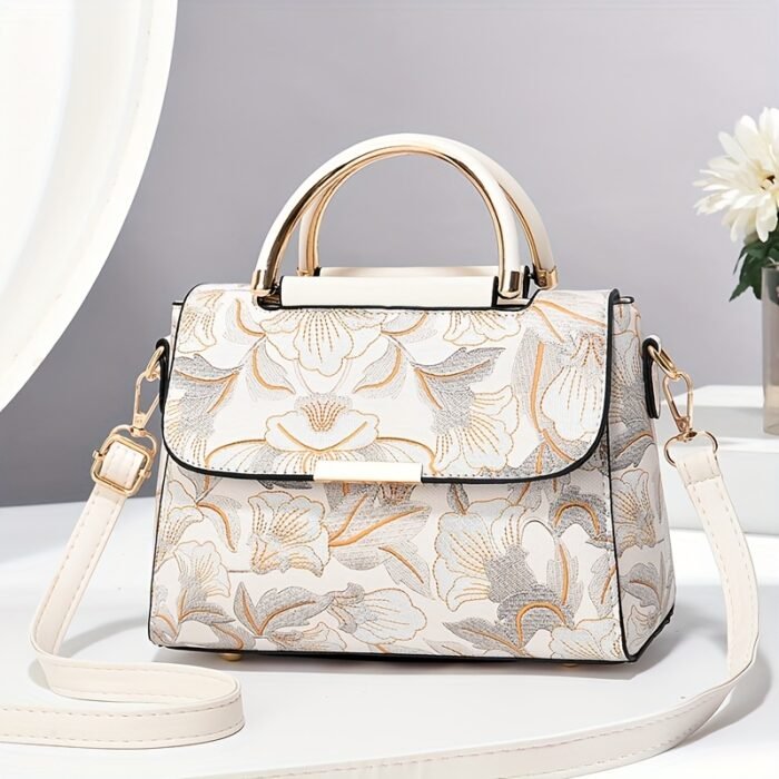 Elegant Floral Print Women's Handbag - Stylish Crossbody Bag with Golden-Tone Hardware, White Base & Black/Beige Floral Pattern, Lightweight & Spacious for Everyday Use - Image 9