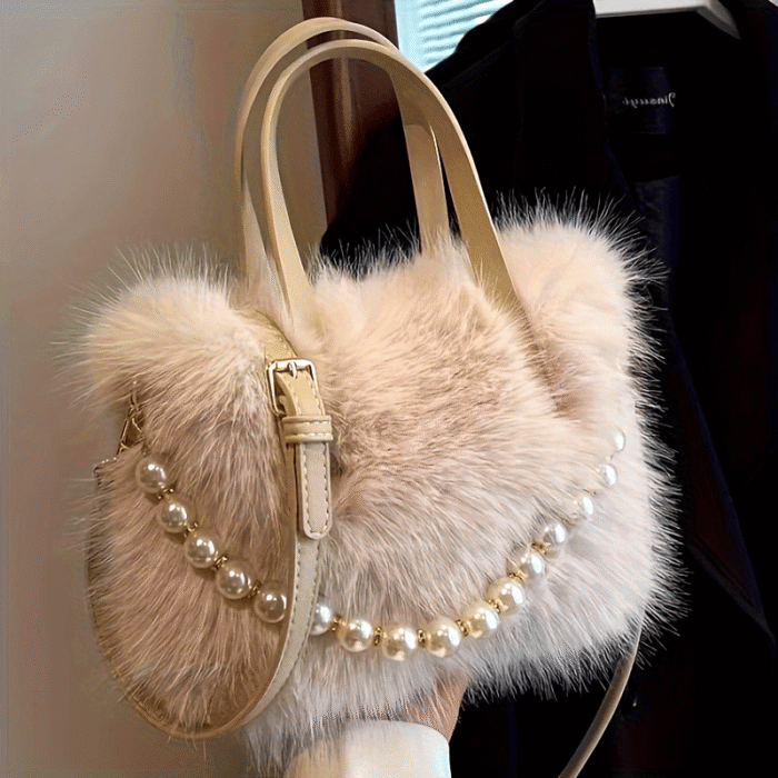 Women's Faux Fur & Embellished Crossbody Bag with Detachable Strap - Magnetic Closure Compact Casual Chic Handbag in Bright Pink, Khaki, Coffee, White, Black, Fashion Accessory, Evening Accessory, Embellishment, Soft Texture - Image 17