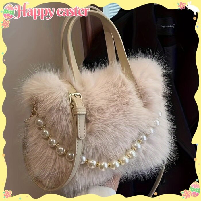 Women's Faux Fur & Embellished Crossbody Bag with Detachable Strap - Magnetic Closure Compact Casual Chic Handbag in Bright Pink, Khaki, Coffee, White, Black, Fashion Accessory, Evening Accessory, Embellishment, Soft Texture - Image 21