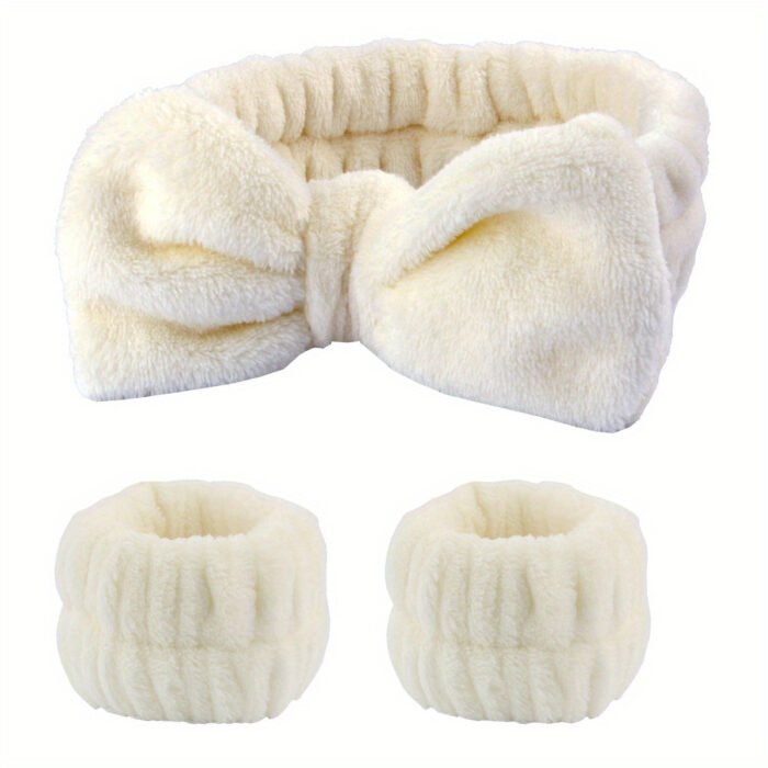 Solid Color Butterfly End Headband Wristband Set Women'S Wash Beauty Makeup Headband Wrist Flannel Hair Accessories Headwear Face Wash Headband Wrist Set Plush Elastic Headband Ladies Accessories Set - Image 8