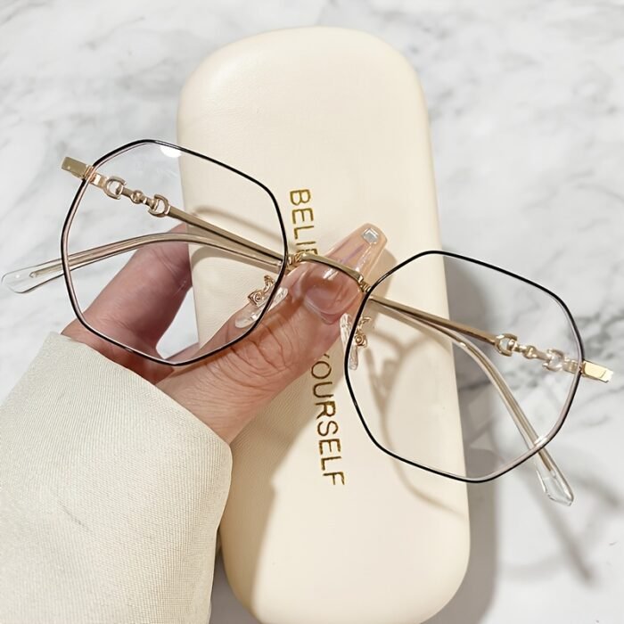 Chic Polygon Metal Frame Blue Light Blocking Glasses - Stylish Transparent Lens Eyewear for Women, Rose Golden Accents, Full-Rim Design, Perfect for Casual Outfits - Image 12