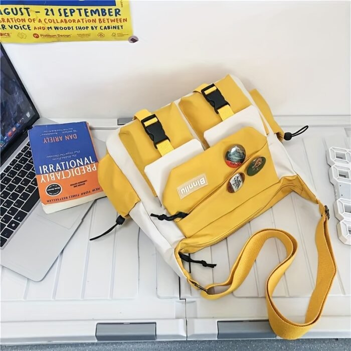 Large Capacity Nylon Messenger Bag for Students - Casual Japanese-Inspired Crossbody with Adjustable Strap, Contrasting Colors, and Badge Set - Ideal for School and Shopping, School Shoulder Bag|Contrasting Colors Bag|Adjustable Strap Bag - Image 9