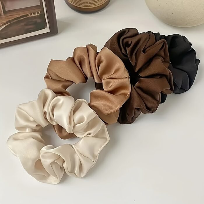Women’s Soft Satin Hair Scrunchies - Elastic Ponytail Holders in Black, Brown, Beige & Cream, Simple Style Versatile Hair Accessories for Everyday Use, Stylish Ponytail Holders | Minimalist Hair Ties | Satin Fabric Scrunchies, Scrunchies for Hair