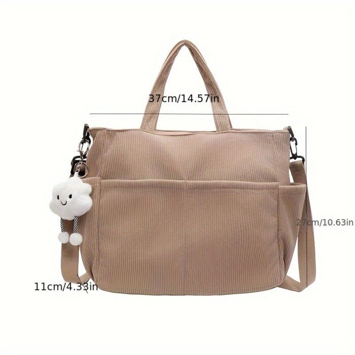 Stylish Women’s Corduroy Handbag with Detachable Strap & Zipper Closure – Spacious Multifunctional Shoulder Bag in Khaki, Cream, Green, or Black – Korean-Inspired Design with Cloud Charm - Image 4