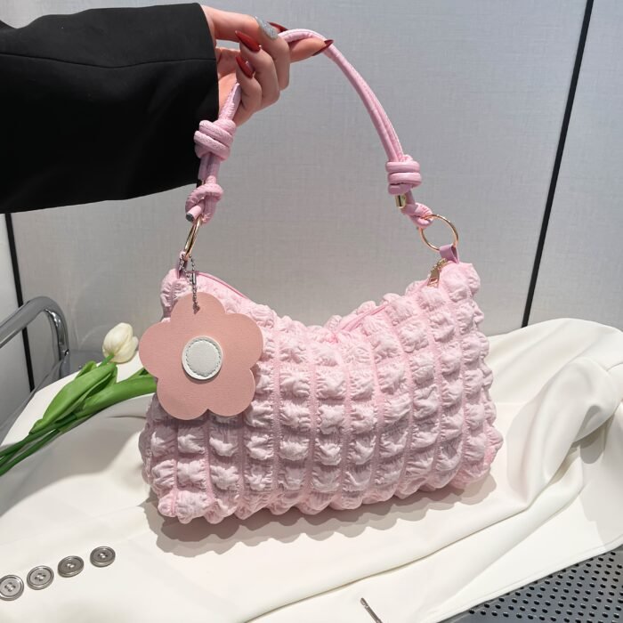 Chic Bubble Flower Shoulder Bag for Women, Lightweight Pleated Tote for Shopping & Daily Commute, Versatile Single-Strap & Crossbody Bag in Black, Pink, White - Polyester Lined, Zip Closur - Image 5