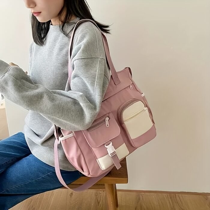 Women'S Black & Beige Two-Tone Adjustable Strap Tote Bag - Foldable, Zipper Closure, Removable Pouch, Polyester Lining, Machine Washable, Everyday Commute Bag|Foldable Tote Bag|Zippered Closure, Tote Bag - Image 10