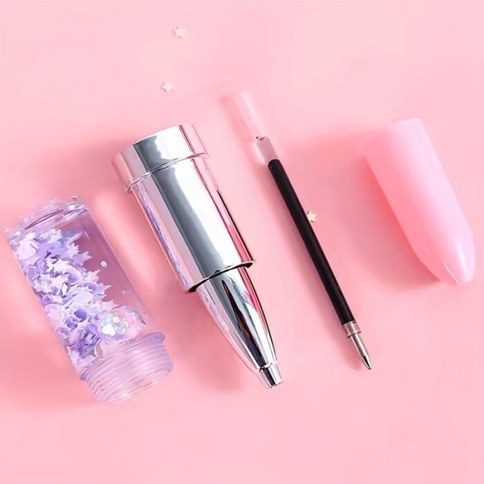 4pcs Creative Lipstick-Design Pens with Glitter Confetti Filling - Assorted Pastel Colors, Durable Plastic Fun Writing Stationery for Students, School Office Supplies & Prize Gifts, Student Gift Item | Playful Aesthetic | Sparkling Confetti, Cute Pens - Image 5
