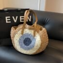 French Hook-Knit Straw Beach Bag - Two-Tone Blue & Beige Circular Woven Design with Double Handles & Zipper Closure, Vintage Bohemian Style for Summer Vacations, Casual Outings, College Commute, Vacation Accessory, Twotone Design, Textured Appearance