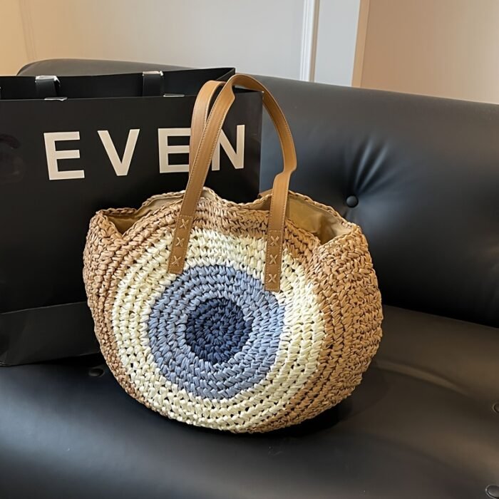 French Hook-Knit Straw Beach Bag - Two-Tone Blue & Beige Circular Woven Design with Double Handles & Zipper Closure, Vintage Bohemian Style for Summer Vacations, Casual Outings, College Commute, Vacation Accessory, Twotone Design, Textured Appearance - Image 3