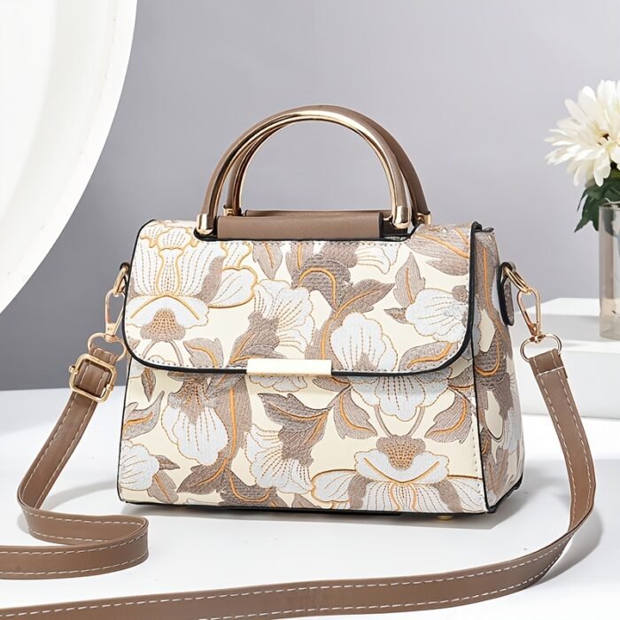 Elegant Floral Print Women's Handbag - Stylish Crossbody Bag with Golden-Tone Hardware, White Base & Black/Beige Floral Pattern, Lightweight & Spacious for Everyday Use - Image 14