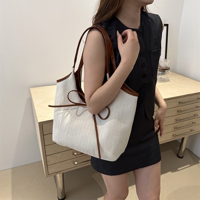 Women'S Crossbody Bag, Niche Patchwork Canvas Tote Bag, Commuting Fashion with Bow Tie, Shoulder Underarm Bag-- Stylish Design, Quality Workmanship, Comfortable Handle, 3 Colors to Choose from, Suitable for Shopping, Shopping, Work Commuting, Travel Leisure, School Classes, Dates and so on, Perfect holiday gif - Image 10