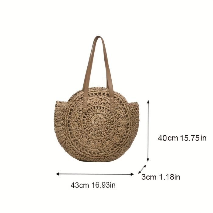 Summer Hollow Design Round Straw Tote Bag, Minimalist Woven Women's Tote Bag, Beach Bag, Suitable for All Seasons - Image 5