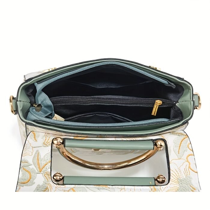 Elegant Floral Print Women's Handbag - Stylish Crossbody Bag with Golden-Tone Hardware, White Base & Black/Beige Floral Pattern, Lightweight & Spacious for Everyday Use - Image 10