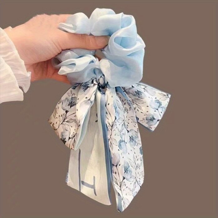 1pc Elegant Korean Style Bow Hair Tie - Sweet Spring/Summer Hair Accessory for Girls, Versatile Princess Hairband with Pink & Green Floral Design, Secure Hold Elastic Hair Ties, Daily Use Hair Accessories, Bowknot Hair Tie, Soft Texture Tie - Image 6