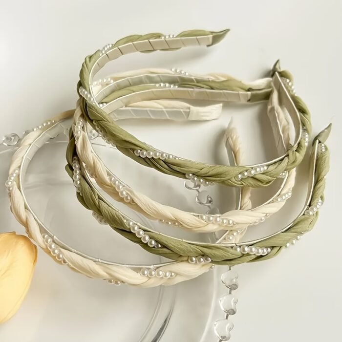 1pc Elegant Twisted Floral Headband with Faux Imitation Pearls - Sweet Style, Non-Slip, Green Ribbon & White Faux Pearl Design, Perfect for Daily Wear or Special Occasions, Daily Headband|Elegant Hair Accessory|Ribbon Headband - Image 8