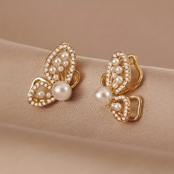 Pair of Elegant Golden-Tone Butterfly Stud Earrings with Sparkling Rhinestones & Pearl Centers - Luxurious Alloy Jewelry, Ideal Valentine's Day Gift for Her, Elegant Accessories|Butterfly Motif|Rhinestone Embellishments, Butterfly Earrings - Image 6